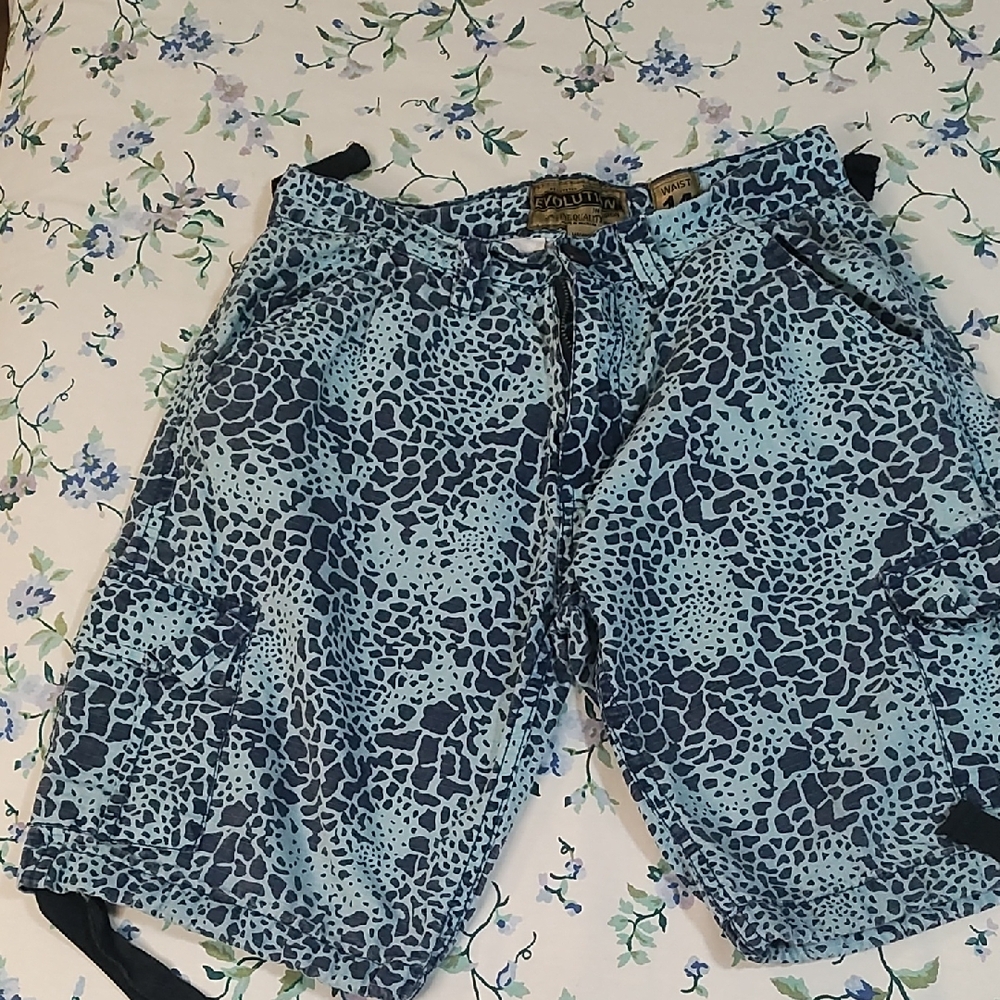 Blue Patterned Board Shorts with‎ Drawstring Waist